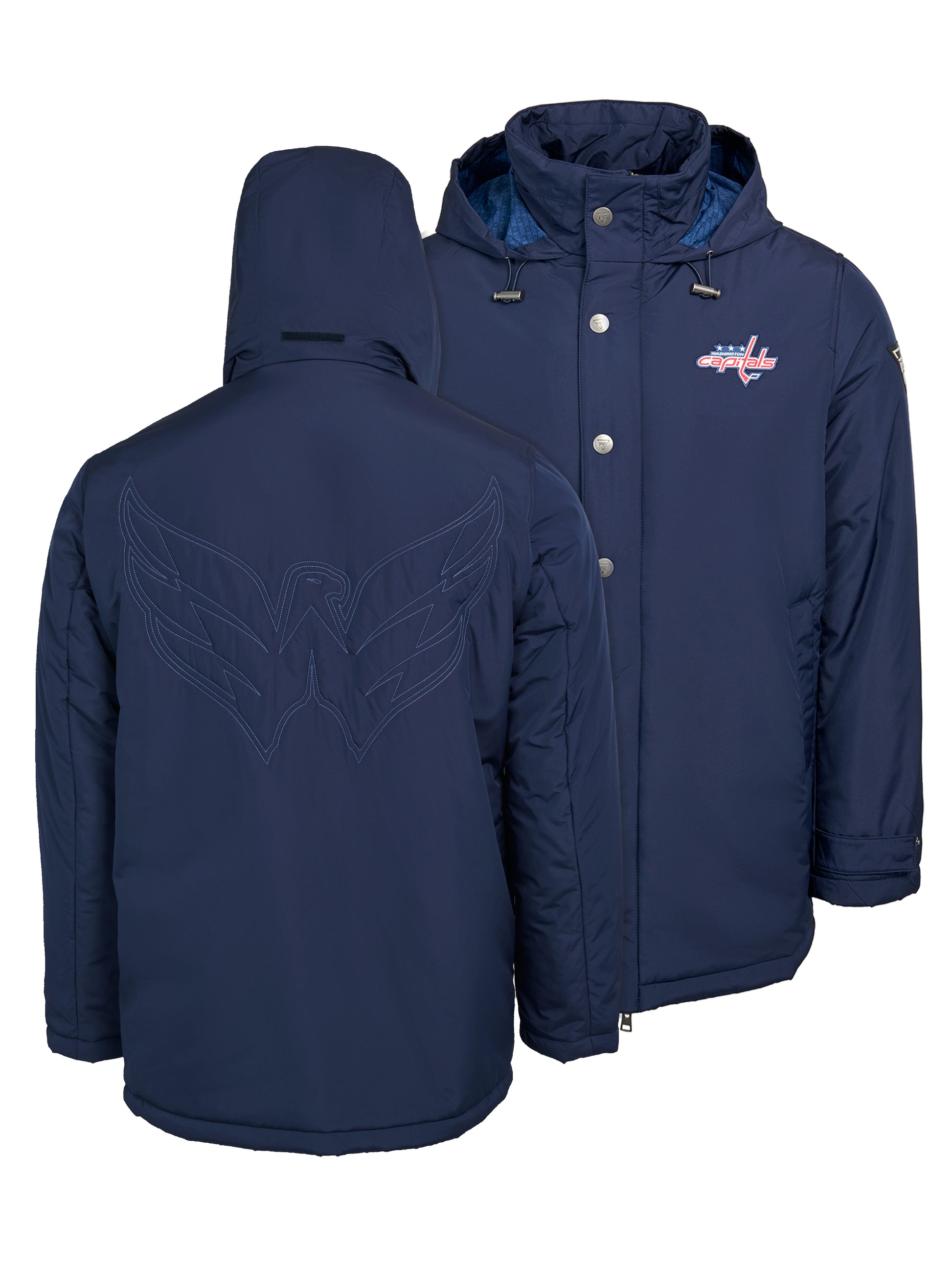 Washington Capitals Coach's Jacket - The jacket features a quilted stitch of the Washington Capitals logo centered on the back and has a removal hood in the team colors, elevating this NHL hockey clothing collection