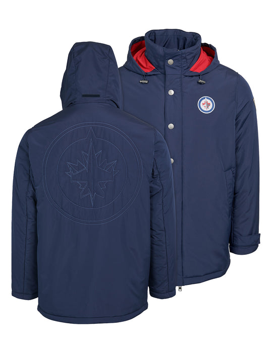 Winnipeg Jets Coach's Jacket - The jacket features a quilted stitch of the Winnipeg Jets logo centered on the back and has a removal hood in the team colors, elevating this NHL hockey clothing collection