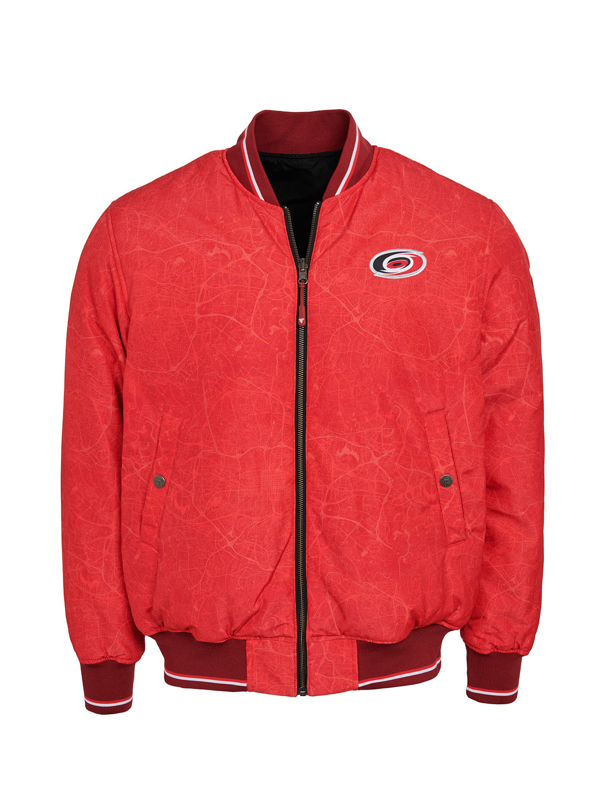 Carolina Hurricances Bomber - Reversible bomber jacket featuring the iconic Carolina Hurricanes logo with ribbed cuffs, collar and hem in the team colors