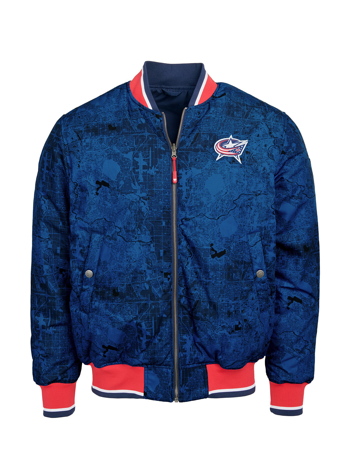 Columbus Blue Jackets Bomber - Reversible bomber jacket featuring the iconic Columbus Blue Jackets logo with ribbed cuffs, collar and hem in the team colors