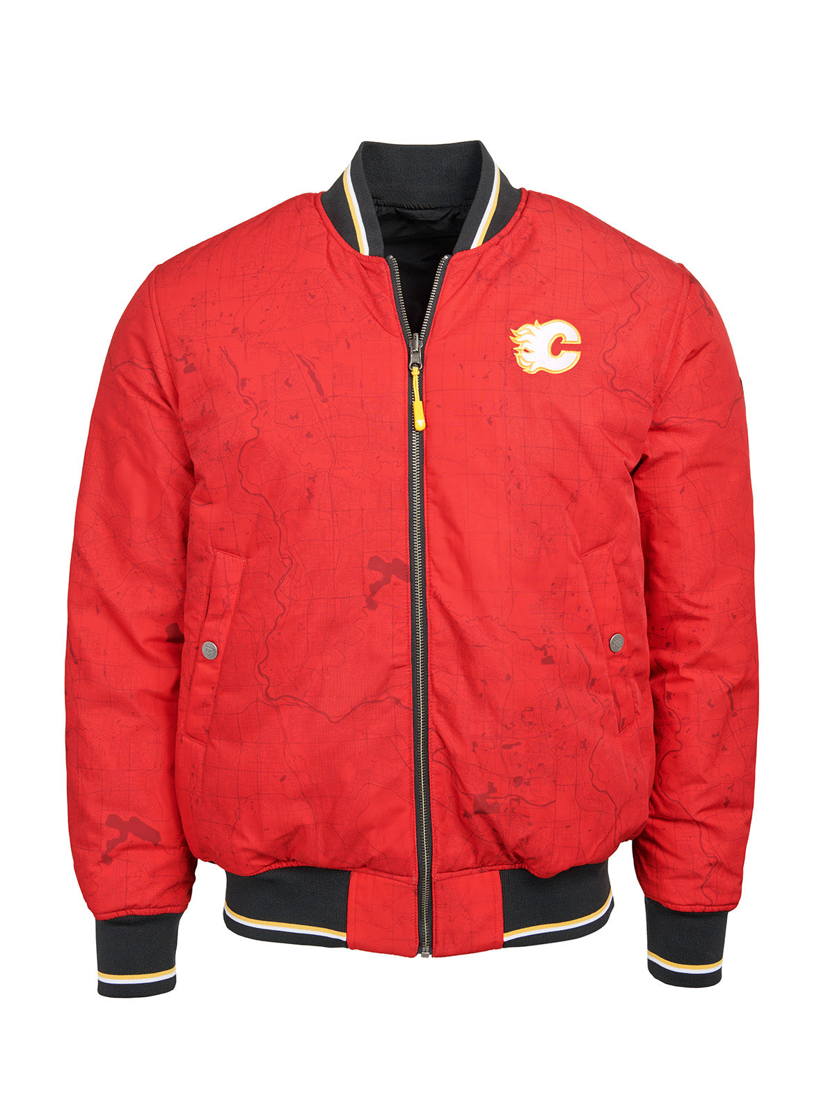 Calgary Flames Bomber - Reversible bomber jacket featuring the iconic Calgary Flames logo with ribbed cuffs, collar and hem in the team colors