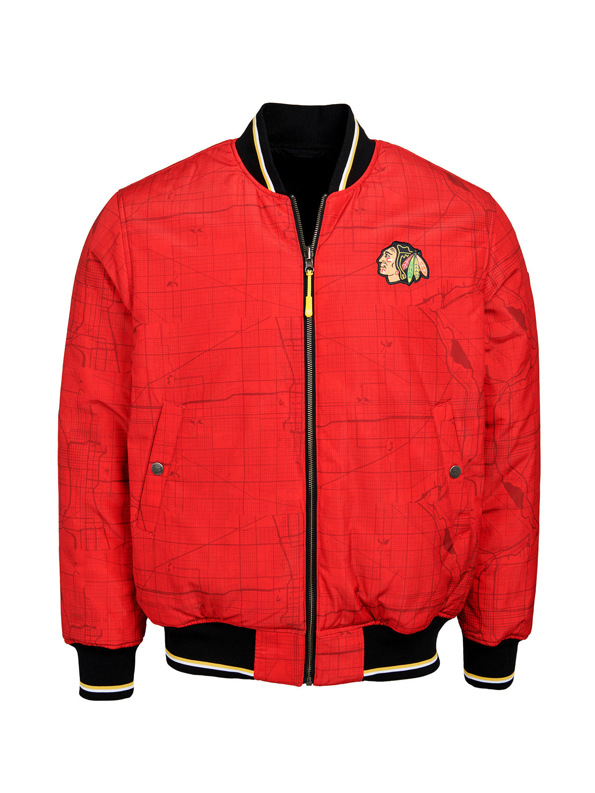 Chicago Blackhawks Bomber - Reversible bomber jacket featuring the iconic Chicago Blackhawks logo with ribbed cuffs, collar and hem in the team colors