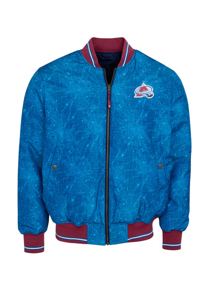 Colorado Avalanche Bomber - Reversible bomber jacket featuring the iconic Colorado Avalanche logo with ribbed cuffs, collar and hem in the team colors