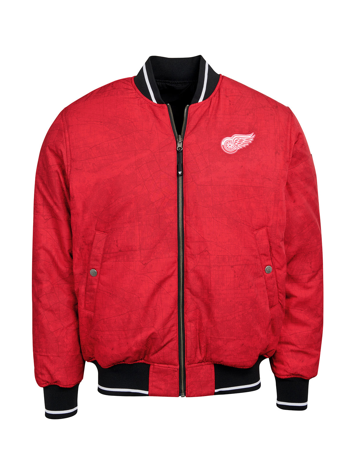 Detroit Red Wings Bomber - Reversible bomber jacket featuring the iconic Detroit Red Wings logo with ribbed cuffs, collar and hem in the team colors
