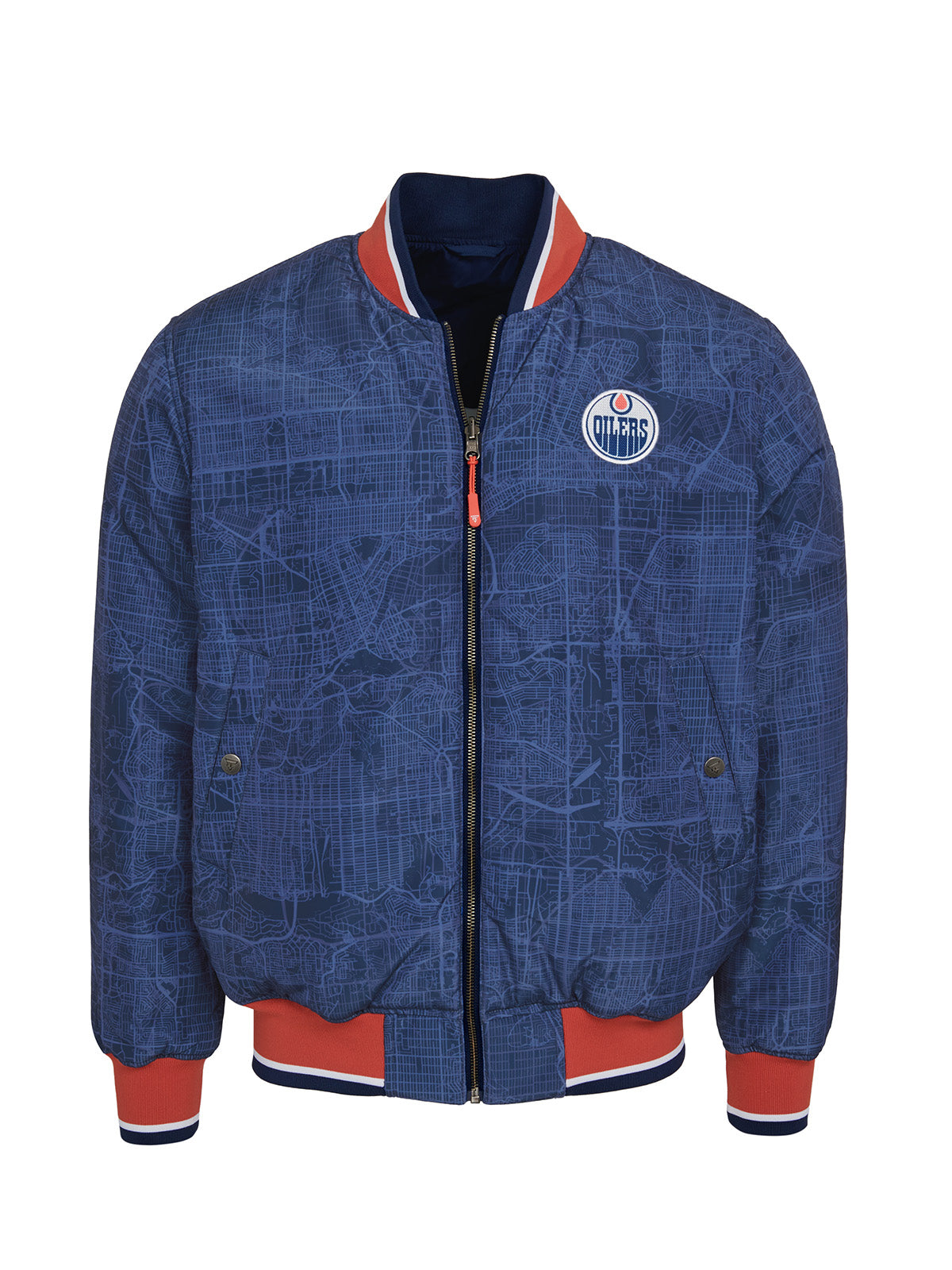 Edmonton Oilers Bomber - Reversible bomber jacket featuring the iconic Edmonton Oilers logo with ribbed cuffs, collar and hem in the team colors