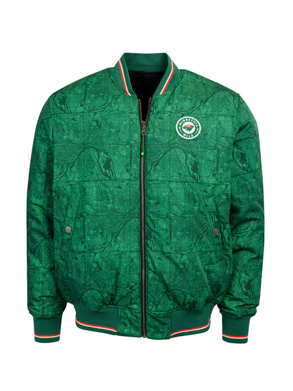 Minnesota Wild Bomber - Reversible bomber jacket featuring the iconic Minnesota Wild logo with ribbed cuffs, collar and hem in the team colors