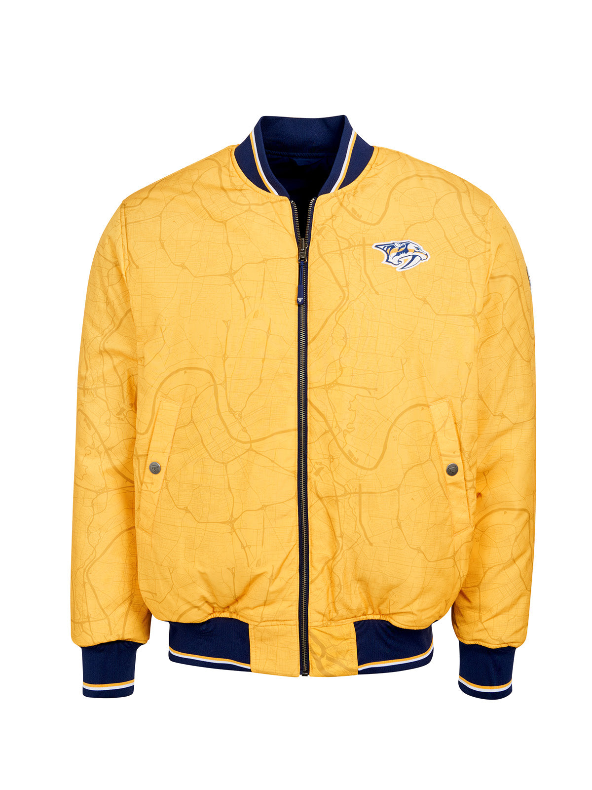 Nashville Predators Bomber - Reversible bomber jacket featuring the iconic Nashville Predators logo with ribbed cuffs, collar and hem in the team colors