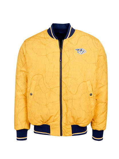 Nashville Predators Bomber - Reversible bomber jacket featuring the iconic Nashville Predators logo with ribbed cuffs, collar and hem in the team colors