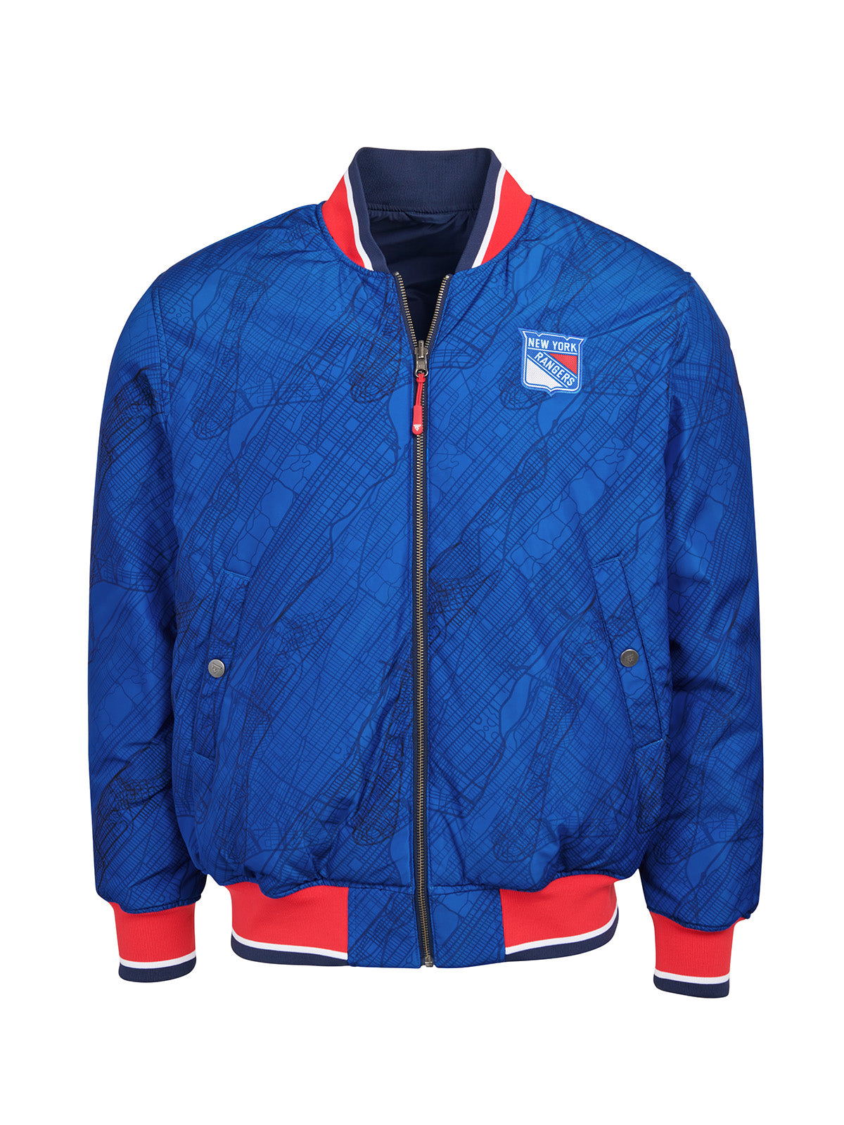 New York Rangers Bomber - Reversible bomber jacket featuring the iconic New York Rangers logo with ribbed cuffs, collar and hem in the team colors