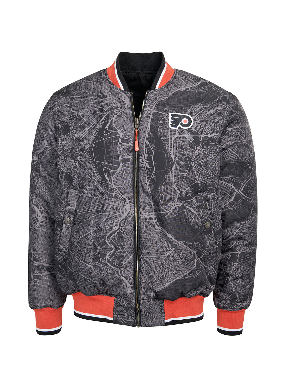 Philadelphia Flyers Bomber - Reversible bomber jacket featuring the iconic Philadelphia Flyers logo with ribbed cuffs, collar and hem in the team colors