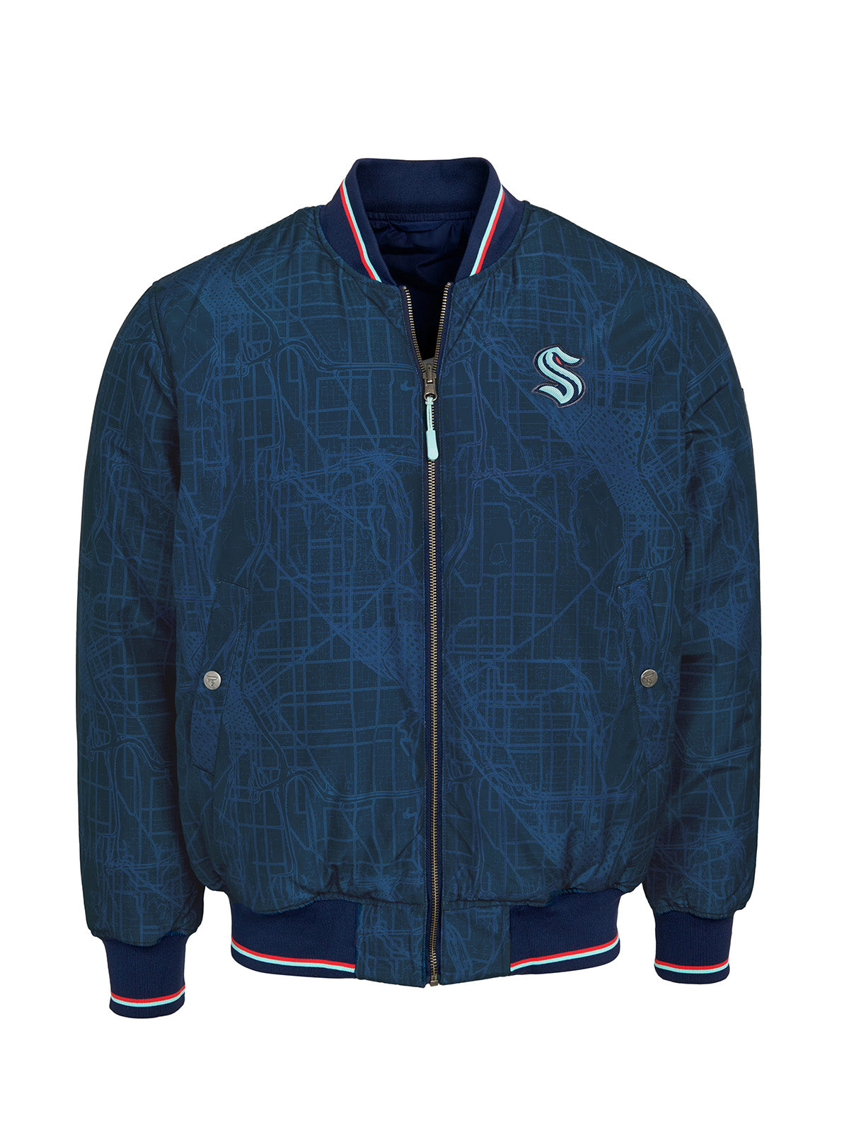 Seattle Kraken Bomber - Reversible bomber jacket featuring the iconic Seattle Kraken logo with ribbed cuffs, collar and hem in the team colors