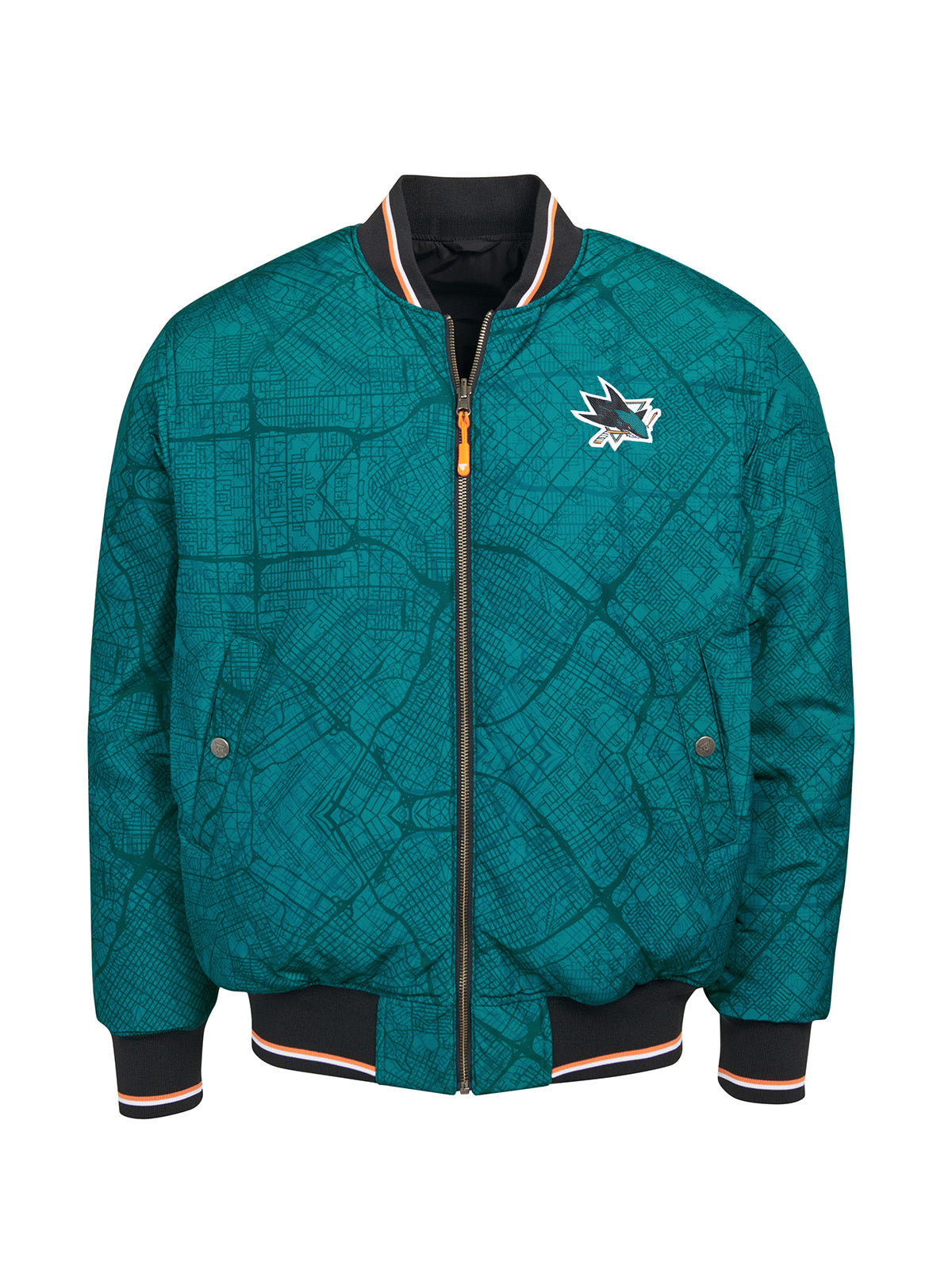 San Jose Sharks Bomber - Reversible bomber jacket featuring the iconic San Jose Sharks logo with ribbed cuffs, collar and hem in the team colors
