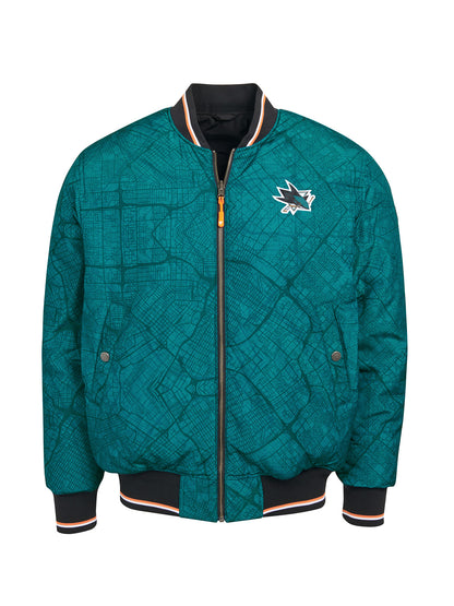 San Jose Sharks Bomber - Reversible bomber jacket featuring the iconic San Jose Sharks logo with ribbed cuffs, collar and hem in the team colors