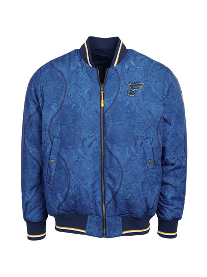 St. Louis Blues Bomber - Reversible bomber jacket featuring the iconic St. Louis Blues logo with ribbed cuffs, collar and hem in the team colors