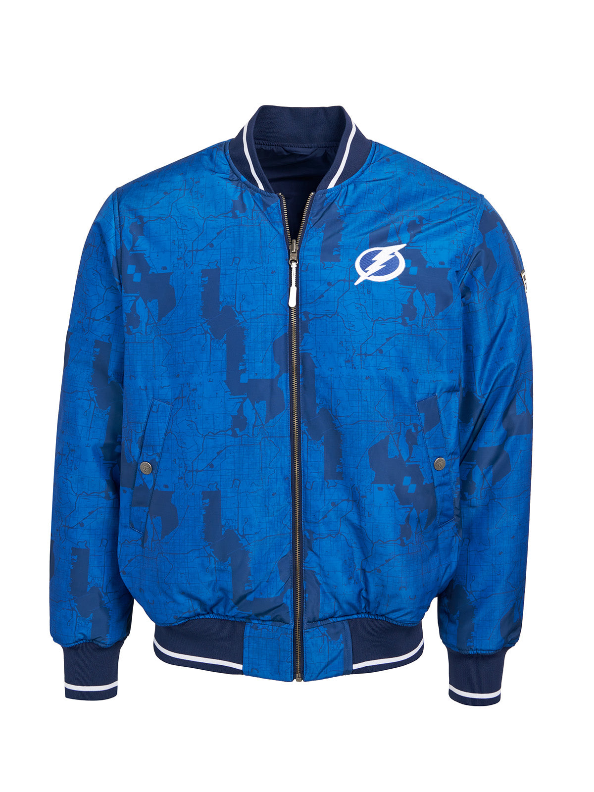 Tampa Bay Lightning Bomber - Reversible bomber jacket featuring the iconic Tampa Bay Lightning logo with ribbed cuffs, collar and hem in the team colors