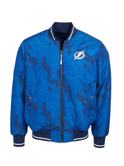 Tampa Bay Lightning Bomber - Reversible bomber jacket featuring the iconic Tampa Bay Lightning logo with ribbed cuffs, collar and hem in the team colors